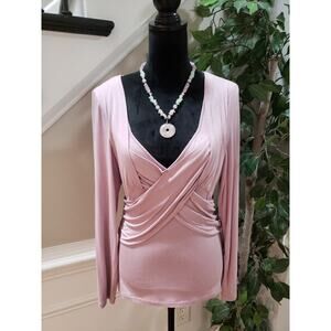 Tape Measure Women's Pink Solid Rayon Casual V-Neck Long Sleeve Top Blouse Large